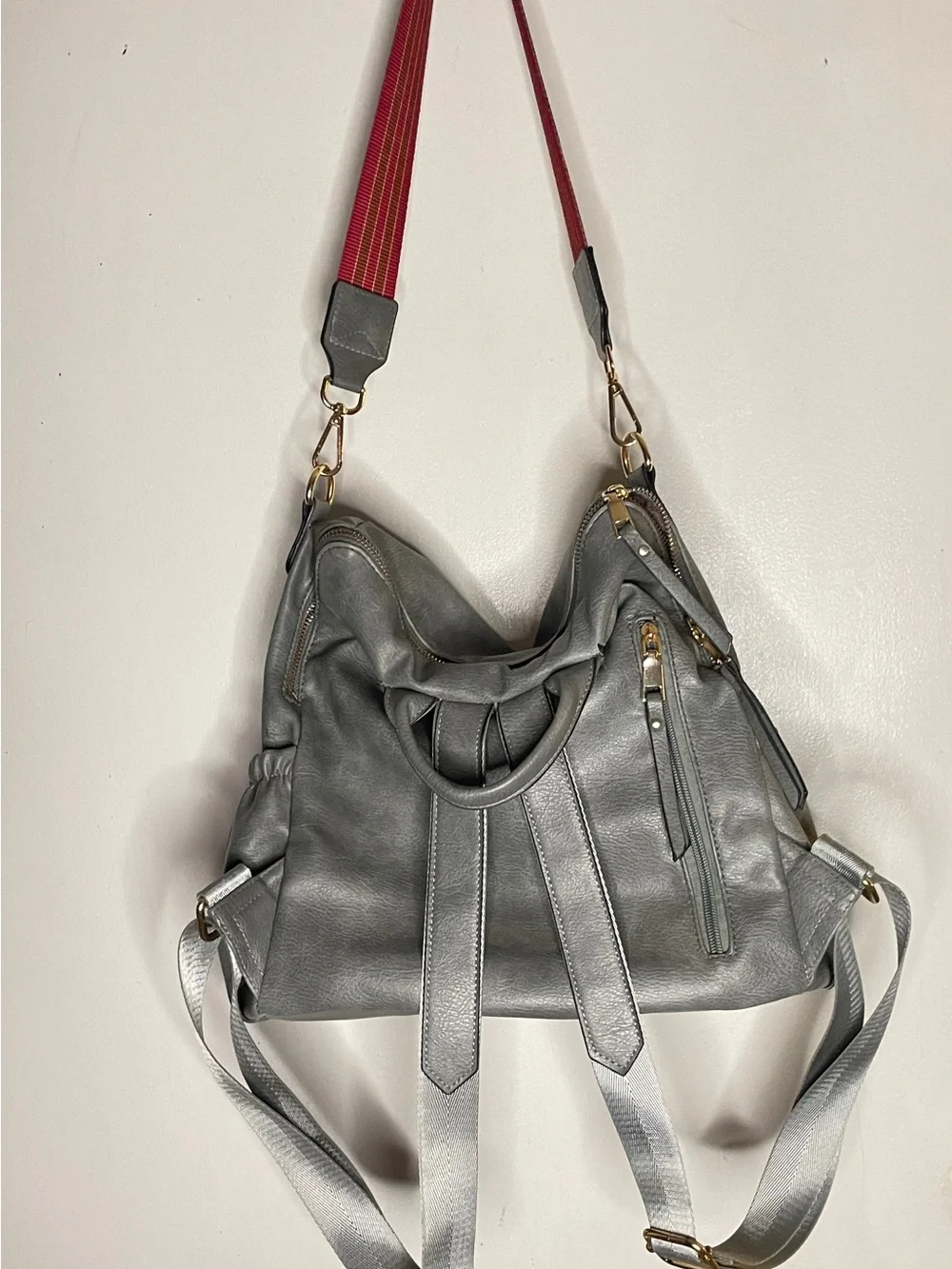 Gray Convertible Backpack Crossbody Bag Colorful Guitar Strap Gold Hardware